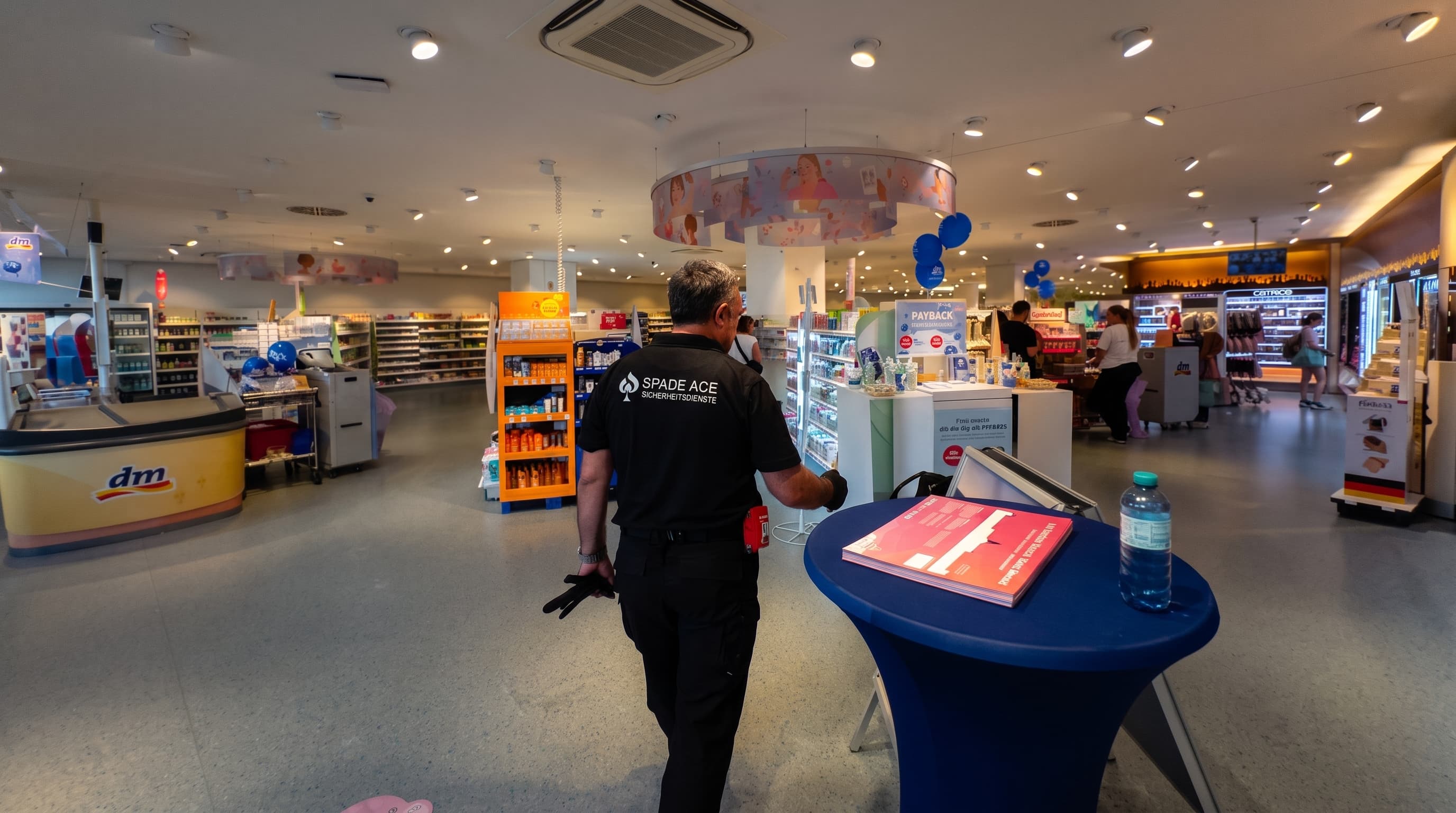 Spade-Ace-Mitarbeiter im Sicherheitsdienst-Einsatz in einer betreuten dm-Filiale